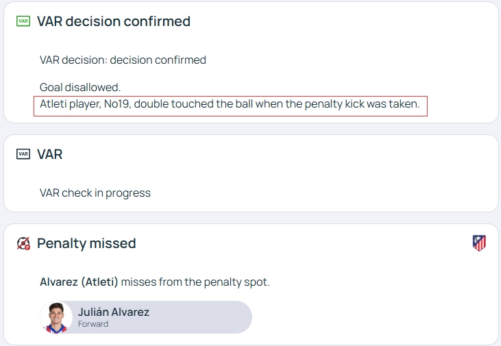 官方明確！歐冠官網(wǎng)：阿爾瓦雷斯罰點(diǎn)時(shí)2次觸球，VAR決定進(jìn)球無效
